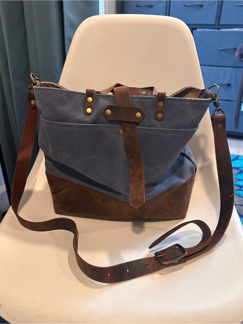 In Blue Handmade Waxed Canvas & Leather Tote Bag - Made in Asheville